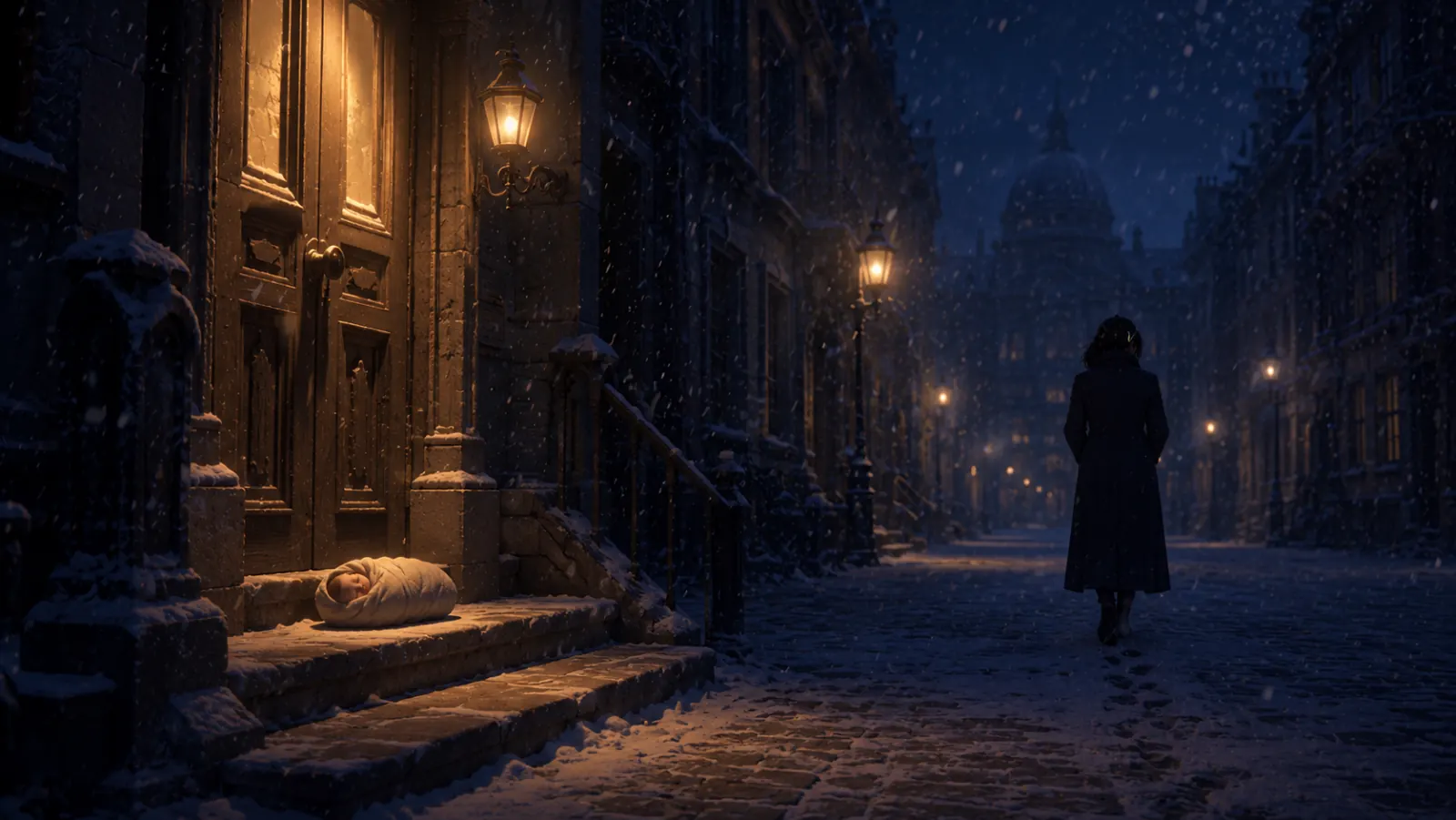 A swaddled infant left on a lit doorstep on a snowy night, a figure in a long coat walking away down the street.