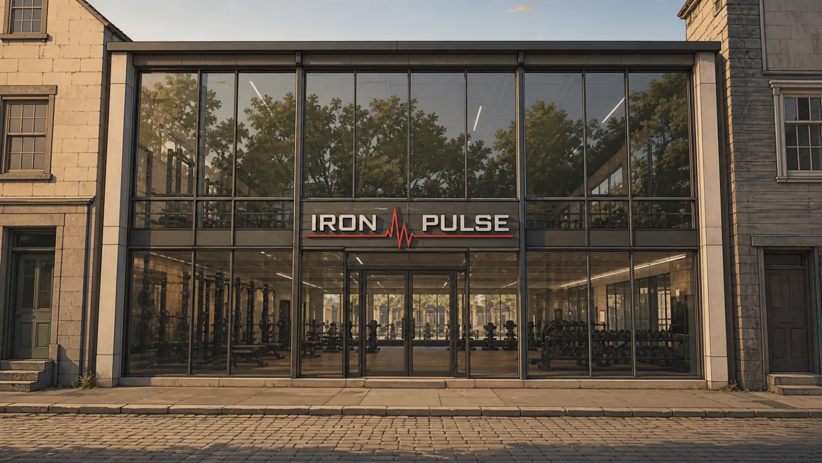 A glass-fronted building with an IRON PULSE sign over its entrance, floor-to-ceiling windows revealing weight racks and gym equipment inside.