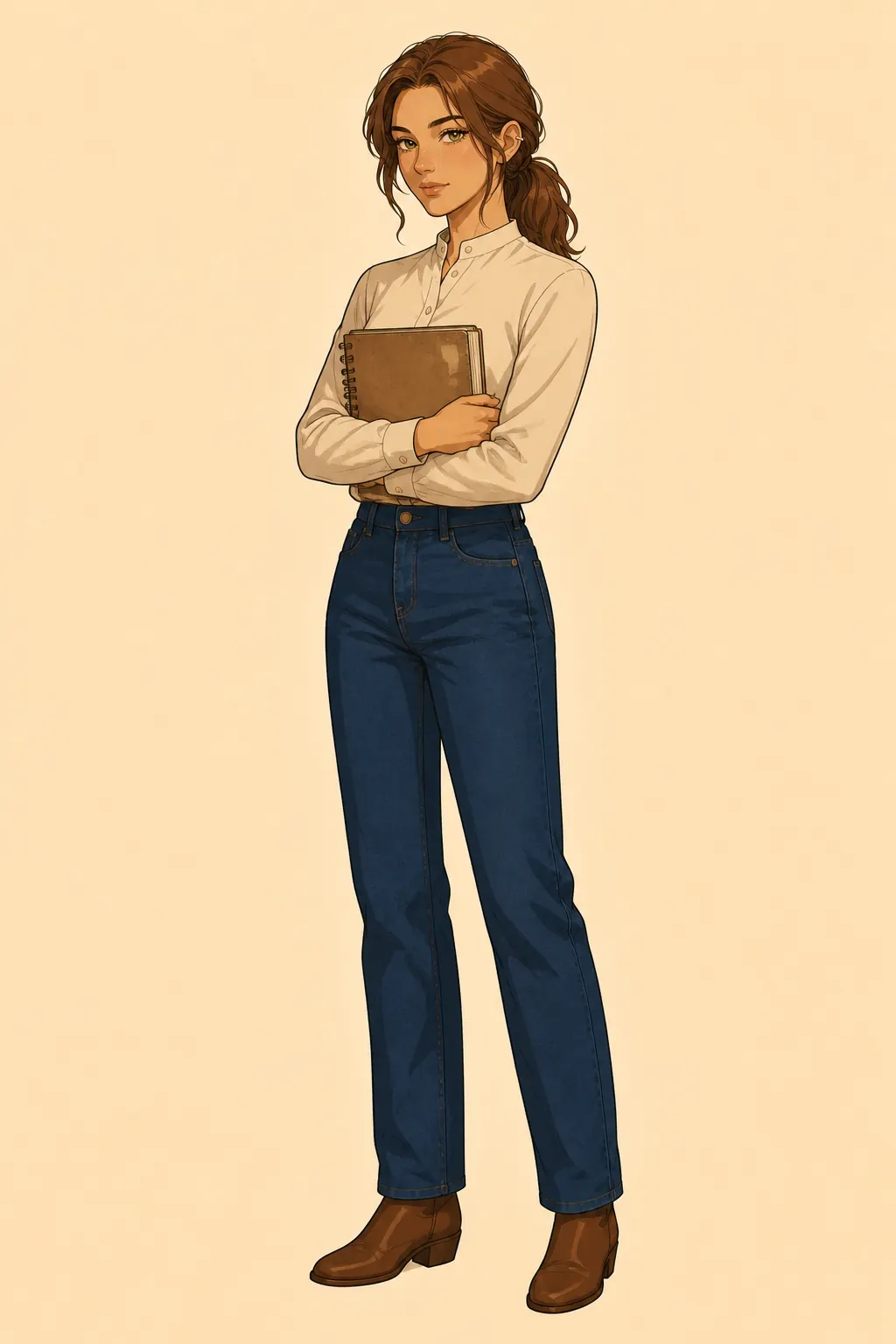 A young woman standing against a plain background: wavy brown hair tied back, a cream blouse, blue jeans and brown ankle boots, a brown notebook hugged to her chest.