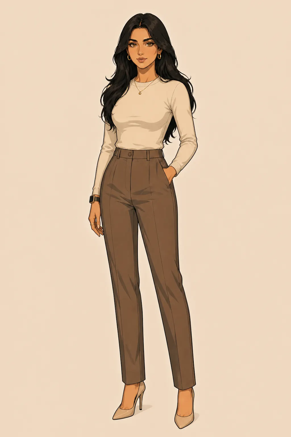 A woman standing against a plain background: long dark wavy hair, a fitted cream top, high-waisted brown tailored trousers with one hand in a pocket, and pale heels.