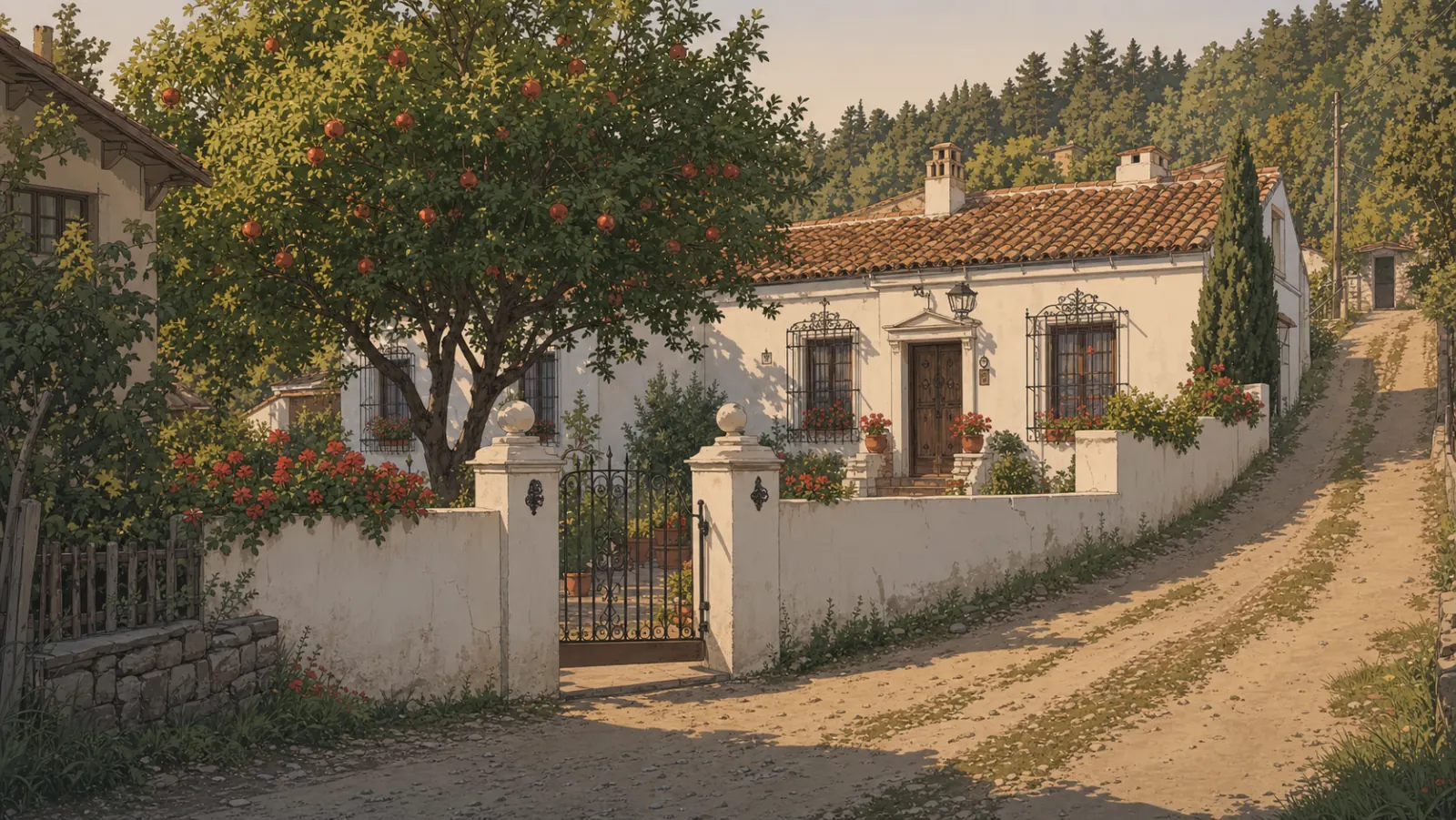 A whitewashed house with a terracotta-tile roof behind a low white garden wall on a dirt lane, a closed wrought-iron gate in the wall, a pomegranate tree heavy with fruit and geraniums in the window boxes.