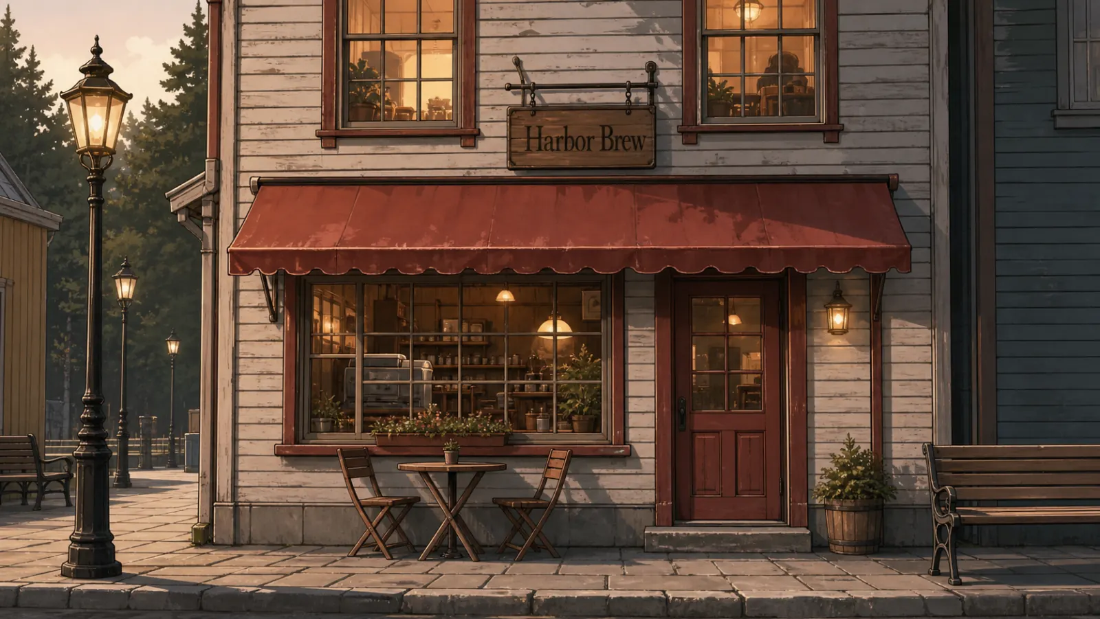 A weathered clapboard building with a red awning and a hanging sign reading Harbor Brew, its windows lit at dusk over a small outdoor table and two chairs.