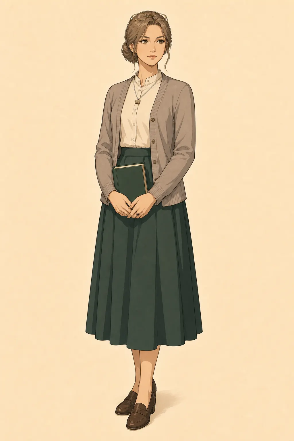 A woman standing against a plain background with her hair pinned up and glasses pushed onto her head, in a gray cardigan over a white collared blouse and a long dark green skirt, holding a green hardback book.