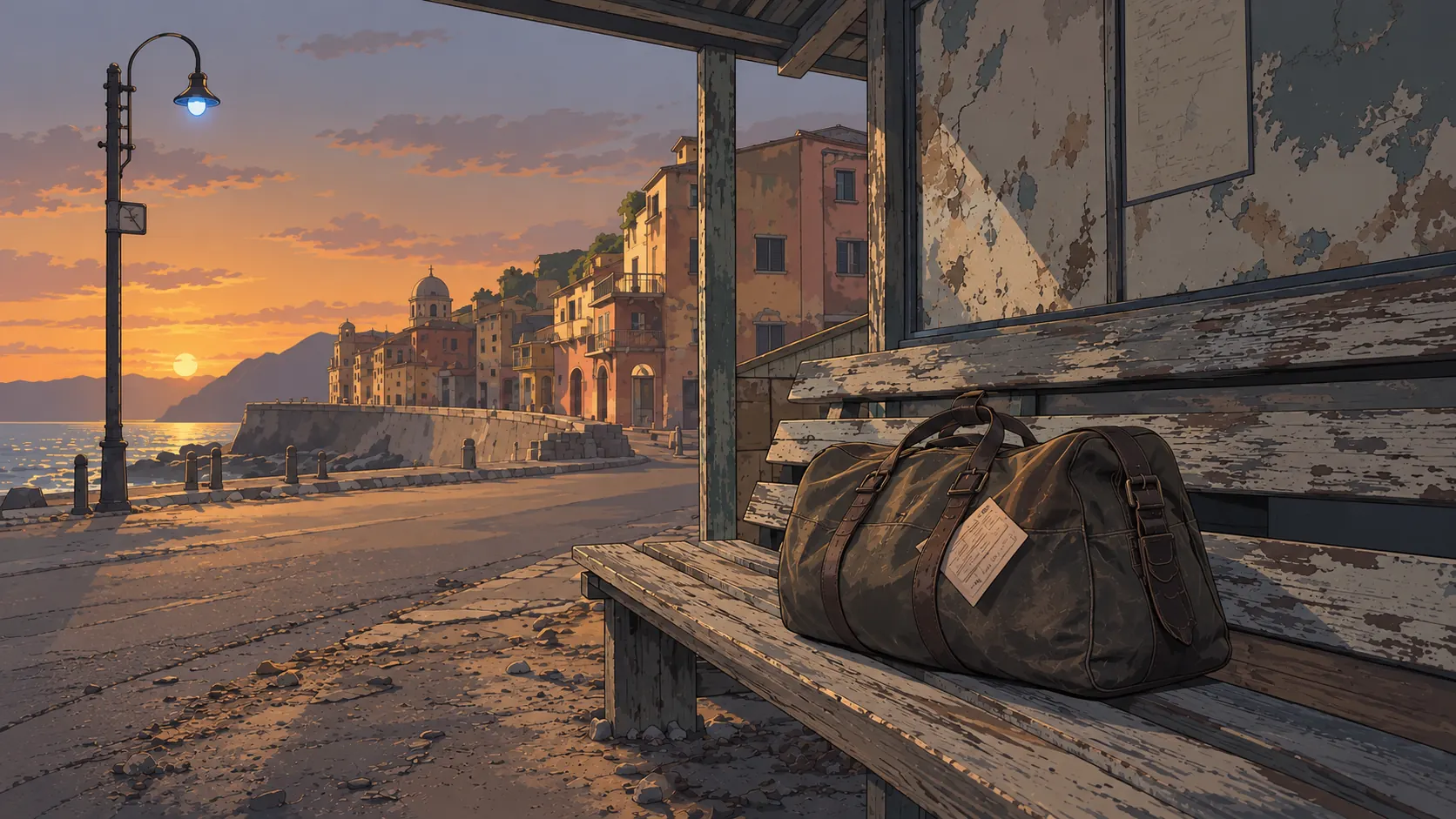 A worn duffel bag left on a bench under a roadside shelter, a harbor town glowing at sunset in the distance.