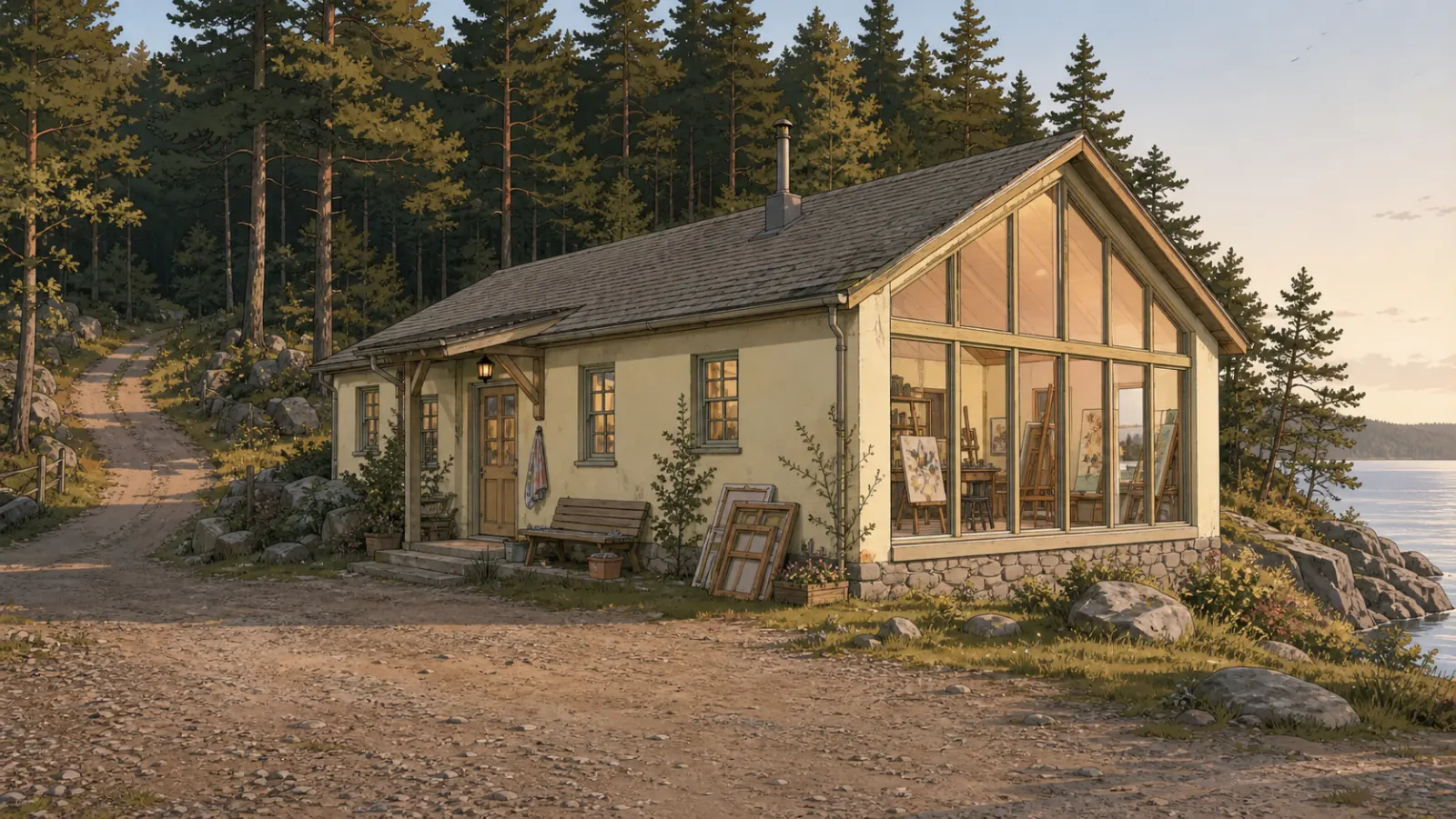 A small cottage with a glass-walled studio addition, easels and paintings visible inside, blank canvases leaning against the wall by a bench outside, set among pine trees by the water.