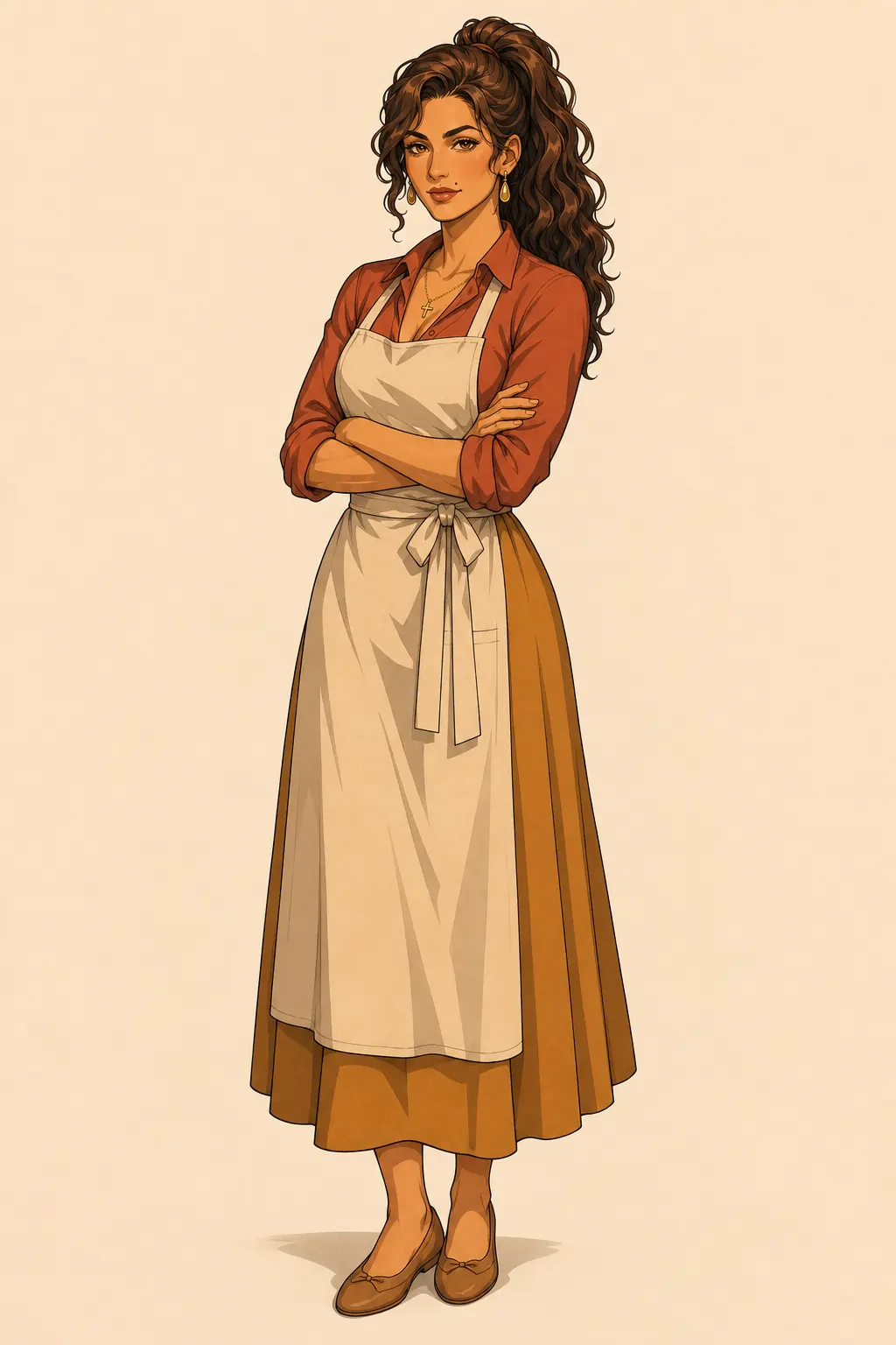 A woman standing against a plain background with her arms folded: long dark curly hair, a rust-colored blouse, a cream apron over an ochre skirt and flat tan shoes.
