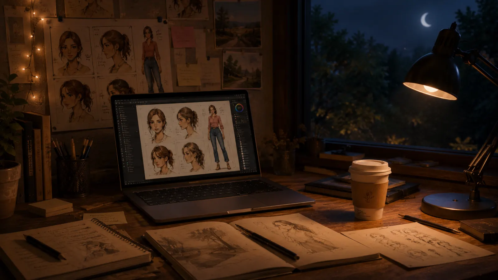A desk at night: a laptop showing character sketches, a coffee cup, pinned reference art and a lamp.