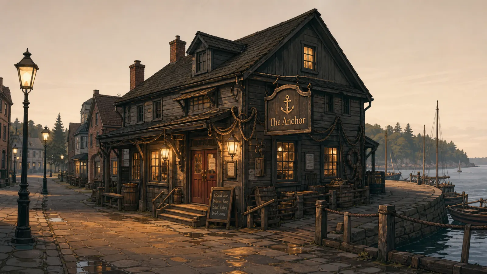 A weathered wooden tavern at dusk with a hanging sign reading The Anchor, its windows glowing warm along a stone harbor promenade lined with lamp posts and moored fishing boats.