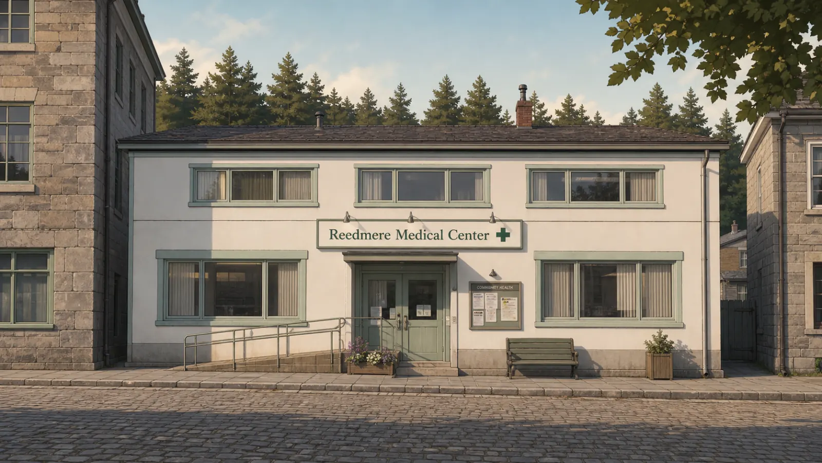 A two-story white building with a green cross and a medical center sign over its entrance, tall windows, a ramp with a handrail beside the steps and a bench by the door, on a cobbled street.