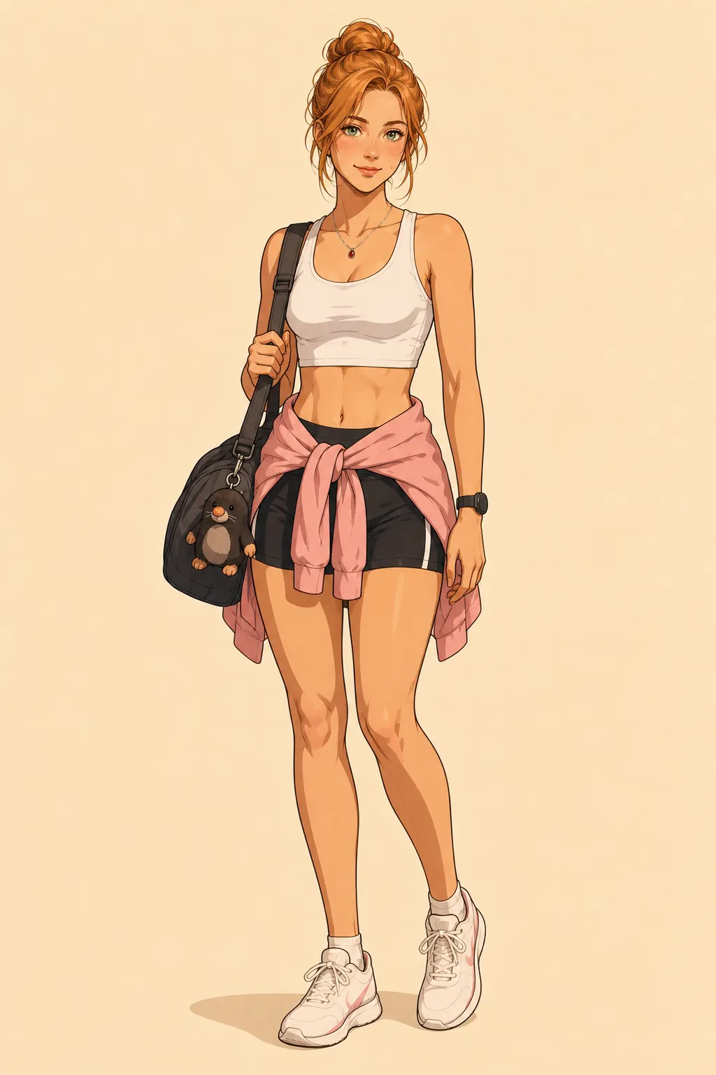 A woman standing against a plain background: ginger hair in a high bun, a white crop top, black shorts, a pink sweatshirt tied at the waist, white sneakers and a black gym bag over one shoulder.
