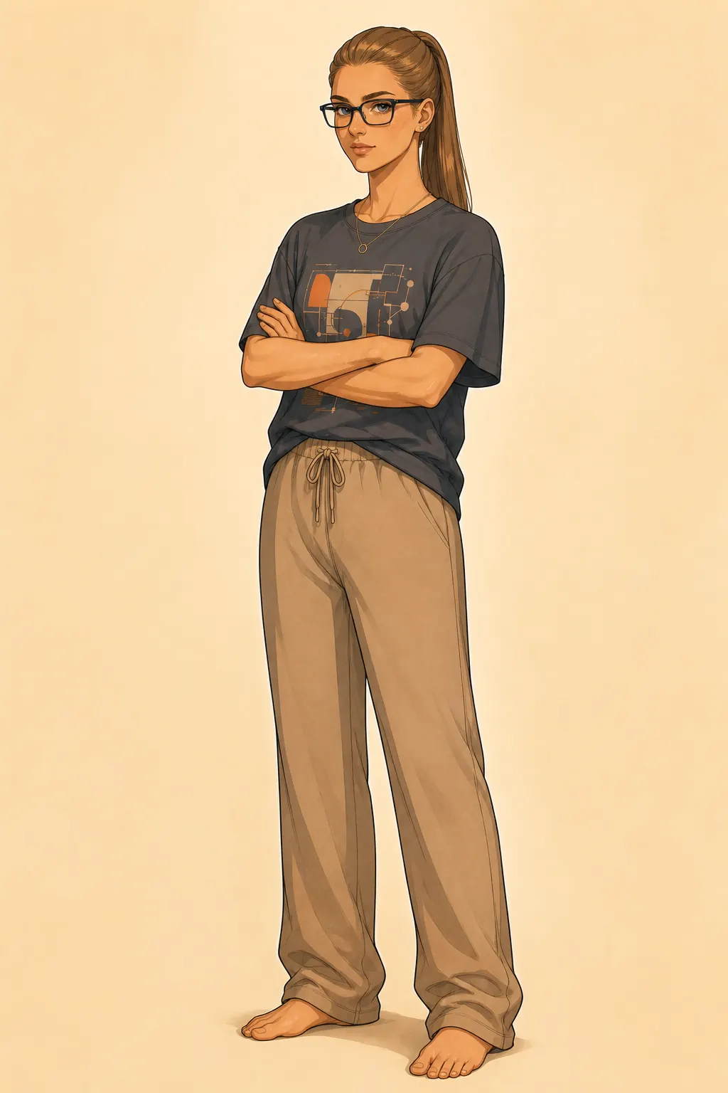 A woman standing barefoot against a plain background with her arms crossed: glasses, hair in a high ponytail, an oversized dark printed T-shirt and loose beige trousers.