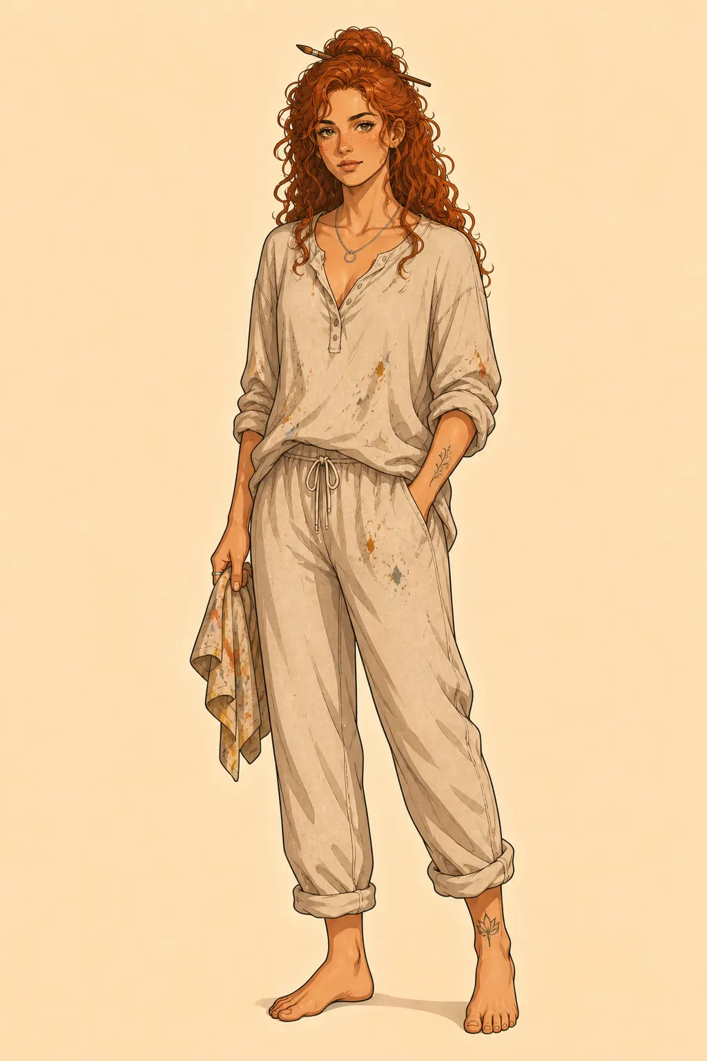 A woman standing barefoot against a plain background: long red curly hair with a paintbrush pushed through it, a loose paint-flecked linen shirt and trousers, a paint-stained rag in one hand.